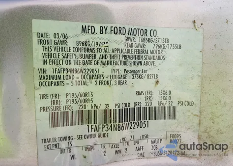 2006 Ford Focus Zx4 from USA, damaged, VIN 1FAFP34N86W229051